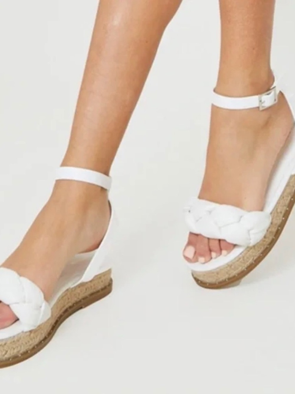 PrettyLittleThing White Braided Ankle-Strap Espadrille Wedges
